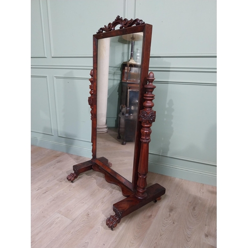 164 - William IV Mahogany cheval mirror with turned pillars and carved top. {155 cm H x 88 cm W x 58 cm D}... 