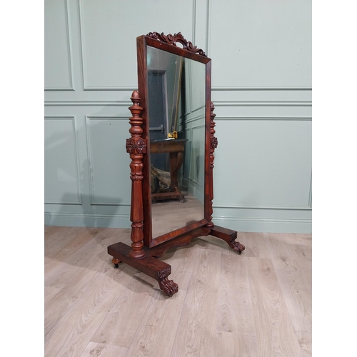 164 - William IV Mahogany cheval mirror with turned pillars and carved top. {155 cm H x 88 cm W x 58 cm D}... 