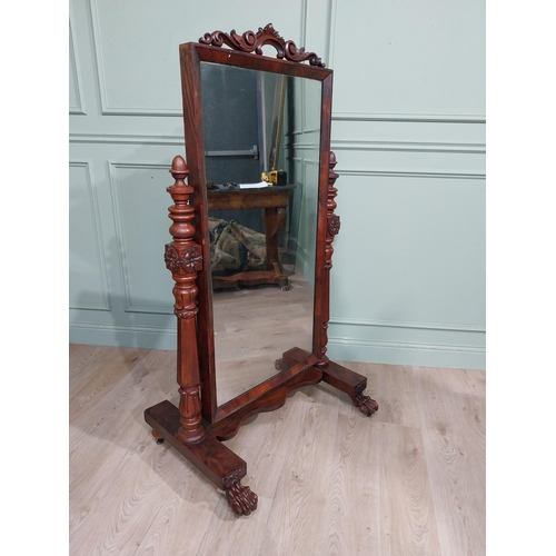 164 - William IV Mahogany cheval mirror with turned pillars and carved top. {155 cm H x 88 cm W x 58 cm D}... 