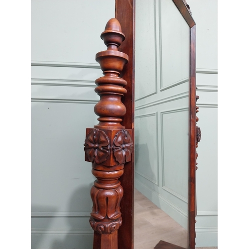 164 - William IV Mahogany cheval mirror with turned pillars and carved top. {155 cm H x 88 cm W x 58 cm D}... 