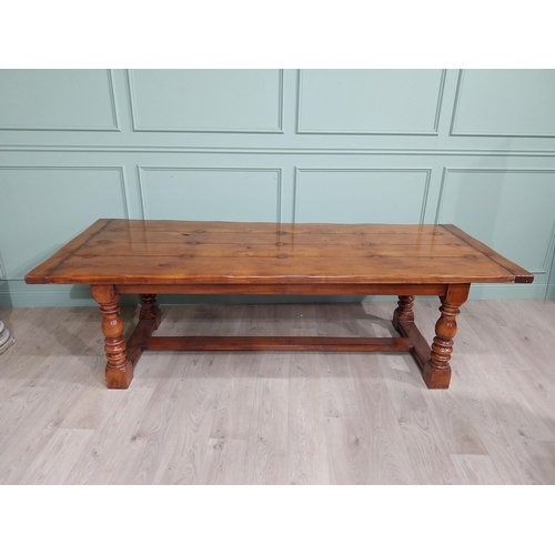 166 - Good quality pine country kitchen table raised on four turned legs with single stretcher. {74 cm H x... 