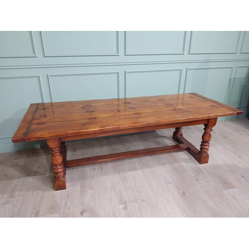 166 - Good quality pine country kitchen table raised on four turned legs with single stretcher. {74 cm H x... 