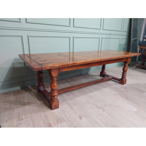 166 - Good quality pine country kitchen table raised on four turned legs with single stretcher. {74 cm H x... 