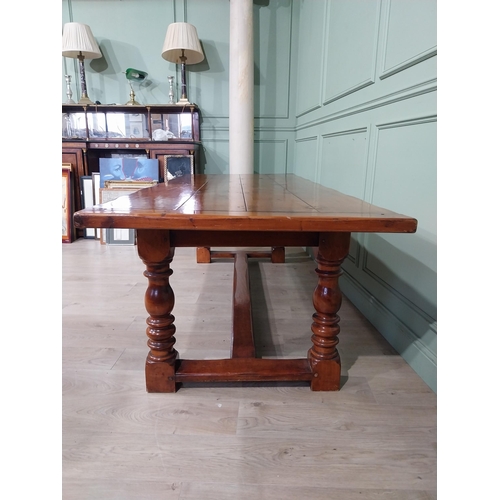 166 - Good quality pine country kitchen table raised on four turned legs with single stretcher. {74 cm H x... 