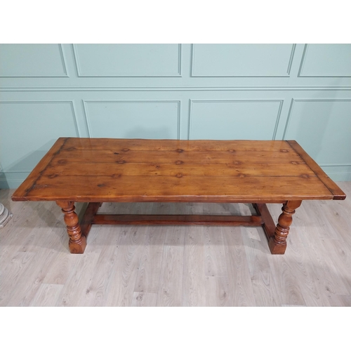 166 - Good quality pine country kitchen table raised on four turned legs with single stretcher. {74 cm H x... 