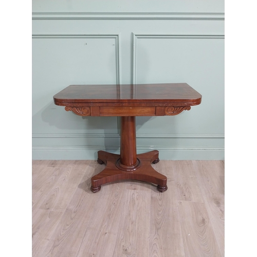 180 - William IV mahogany turn over leaf card table with turned column on plinth base. {72 cm H x 91 cm W ... 