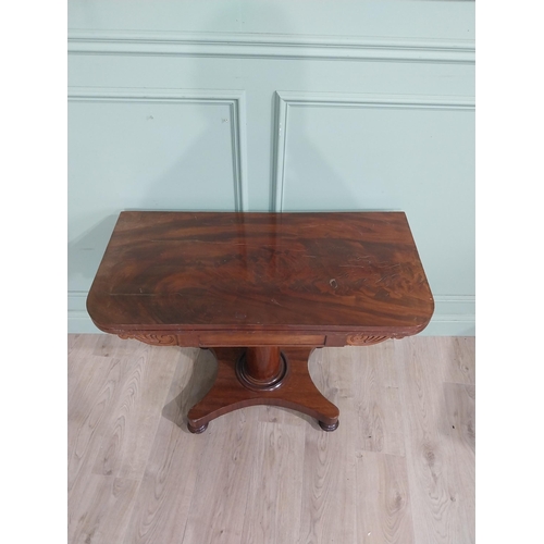 180 - William IV mahogany turn over leaf card table with turned column on plinth base. {72 cm H x 91 cm W ... 