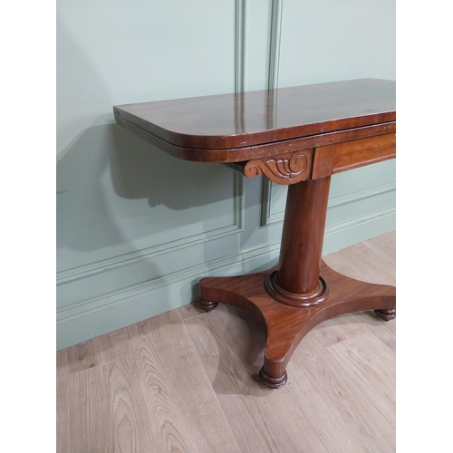 180 - William IV mahogany turn over leaf card table with turned column on plinth base. {72 cm H x 91 cm W ... 