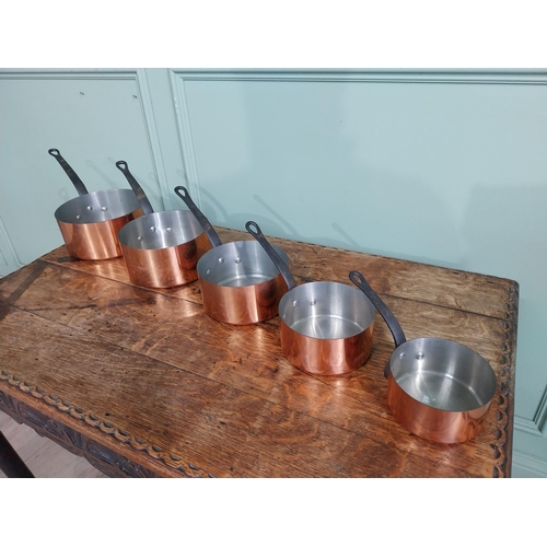 21 - Graduated set of five good quality French copper saucepans with wrought iron handles. {18 cm H x 40 ... 