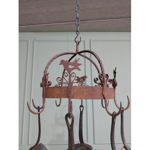 22 - French wrought iron hanging pot rack. {40 cm H x 44 cm Dia.}