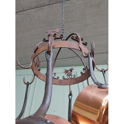 22 - French wrought iron hanging pot rack. {40 cm H x 44 cm Dia.}