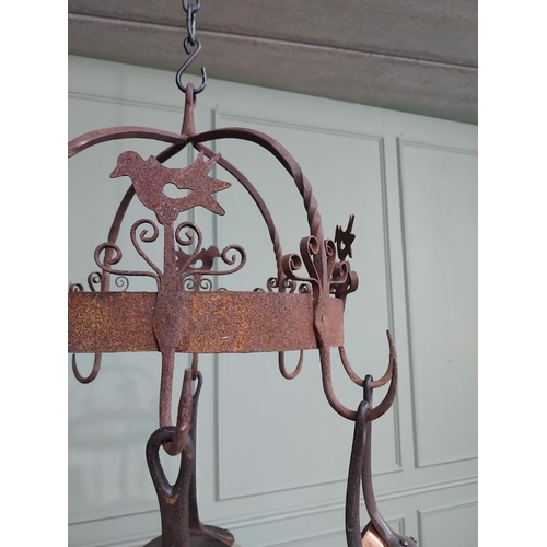 22 - French wrought iron hanging pot rack. {40 cm H x 44 cm Dia.}