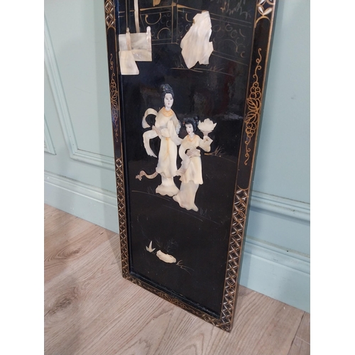 23 - Decorative Edwardian Japanese lacquered panel depicting Geishas. {91 cm H x 30 cm W}.