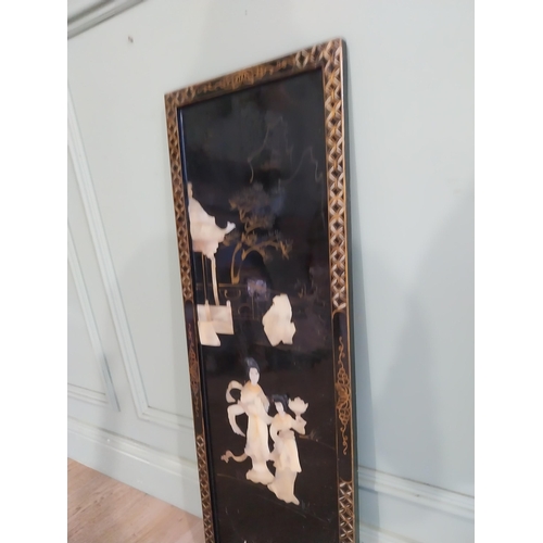 23 - Decorative Edwardian Japanese lacquered panel depicting Geishas. {91 cm H x 30 cm W}.