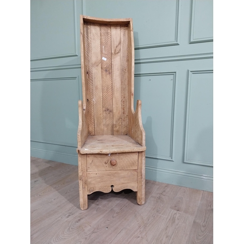 25 - Irish stripped pine porter�s chair with long drawer in frieze on square legs. {154 cm H x 51 cm W x ... 