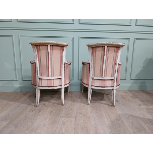 284 - Early 20th C. Pair of French painted pine upholstered armchairs.