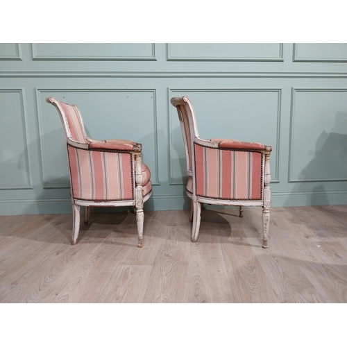 284 - Early 20th C. Pair of French painted pine upholstered armchairs.