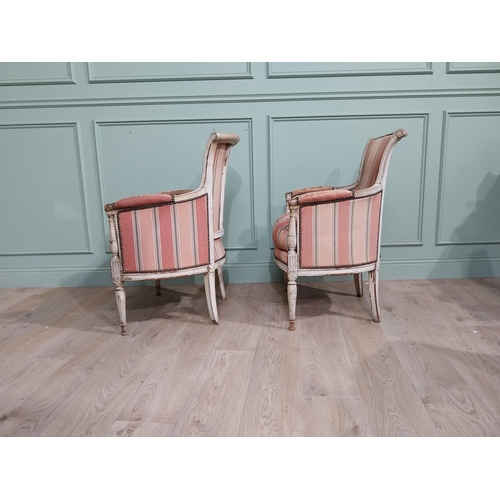 284 - Early 20th C. Pair of French painted pine upholstered armchairs.