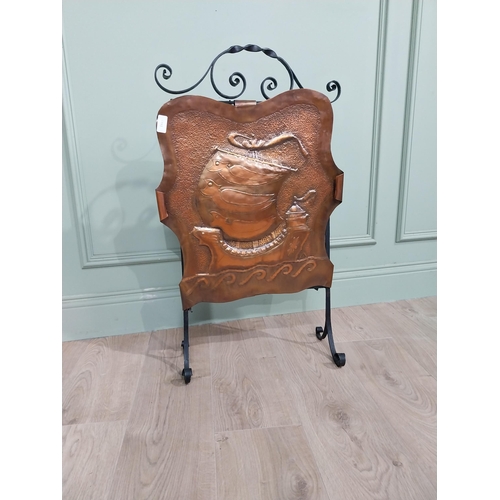 288 - Vintage wrought iron and copper fire screen decorated with embossed boat emblem. {82 cm H x 44 cm W ... 