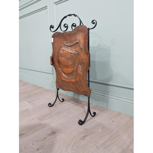 288 - Vintage wrought iron and copper fire screen decorated with embossed boat emblem. {82 cm H x 44 cm W ... 