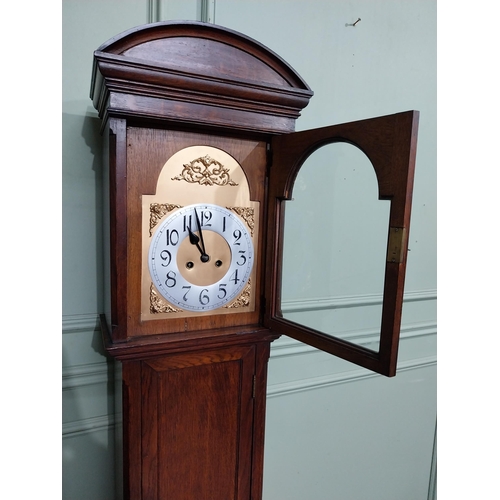 297 - 1950's oak Grandmother clock with gilded metal dial. {185 cm H x 35 cm W x 22 cm D}