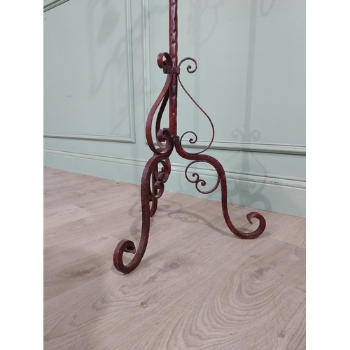 318 - Unusual decorative wrought iron house bell on single column with tripod base. {176 cm H x 50 cm Dia.... 