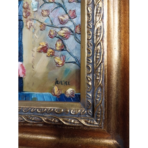 323 - Pair of oleographs mounted on ornate gilt framed oil on easel stands � Village Scene and Cafe Scene.... 