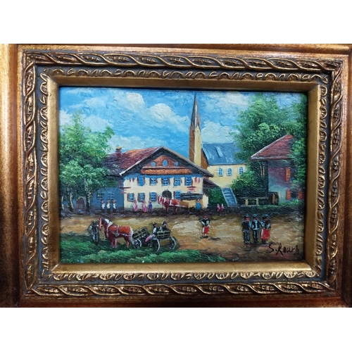 323 - Pair of oleographs mounted on ornate gilt framed oil on easel stands � Village Scene and Cafe Scene.... 