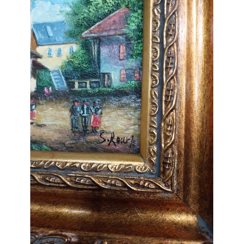 323 - Pair of oleographs mounted on ornate gilt framed oil on easel stands � Village Scene and Cafe Scene.... 