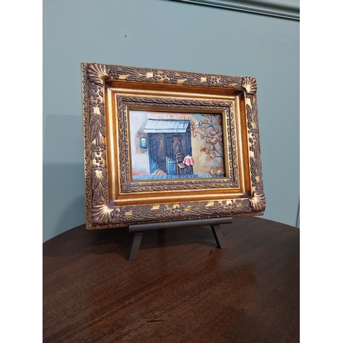 323 - Pair of oleographs mounted on ornate gilt framed oil on easel stands � Village Scene and Cafe Scene.... 