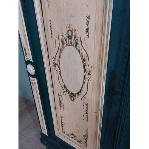 327 - 19th C. French painted pine two door wardrobe with scroll and foliage decoration. {192 cm H x 163 cm... 