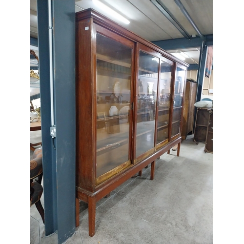 330 - Edwardian pine chemist shop glazed display cabinet on stand with square legs and sliding doors. {206... 