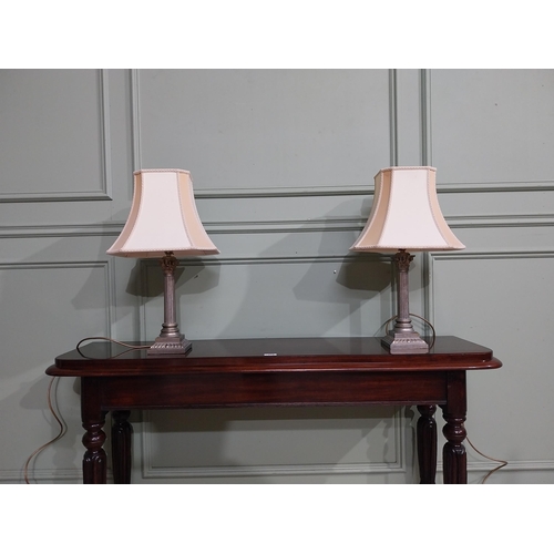 382 - Pair of Edwardian silver plated Corinthian column table lamps with cloth shades. {54 cm H x 32 cm W ... 