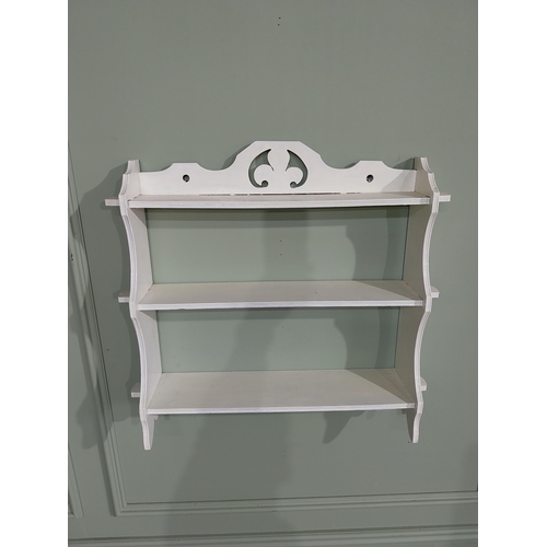 390 - Edwardian painted pine wall shelves with decorative carved frieze. {57 cm H x 68 cm W x 15 cm D}.