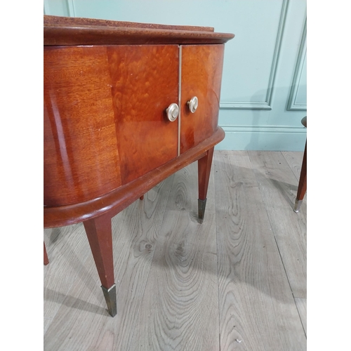 396 - Pair of Italian mid century walnut and maple two door bedside lockers raised on tapered legs and bra... 