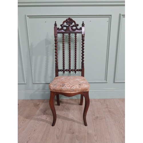 402 - 19th C. Rosewood side chair with barley twist and carved back and upholstered seat raised on shaped ... 