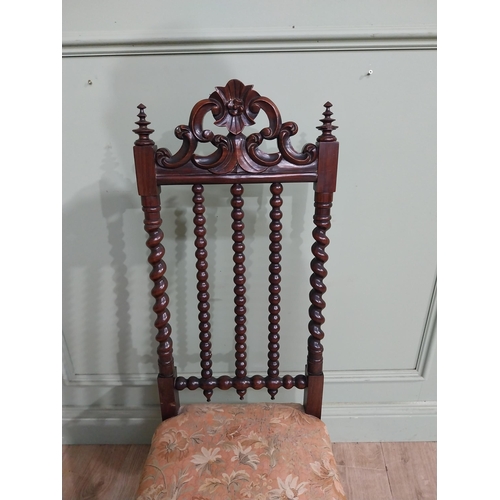 402 - 19th C. Rosewood side chair with barley twist and carved back and upholstered seat raised on shaped ... 