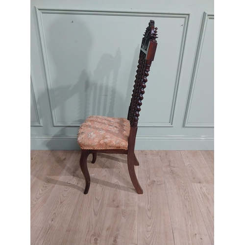 402 - 19th C. Rosewood side chair with barley twist and carved back and upholstered seat raised on shaped ... 