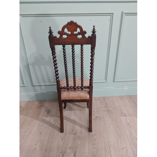 402 - 19th C. Rosewood side chair with barley twist and carved back and upholstered seat raised on shaped ... 