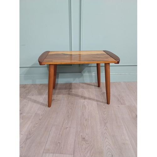 407 - 1950's satinwood coffee table on splayed legs with inset island scene. {47 cm H x 71 cm W x 43 cm D]... 