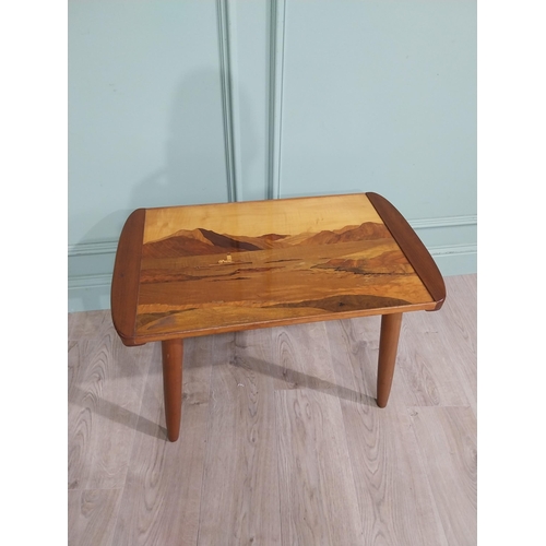 407 - 1950's satinwood coffee table on splayed legs with inset island scene. {47 cm H x 71 cm W x 43 cm D]... 