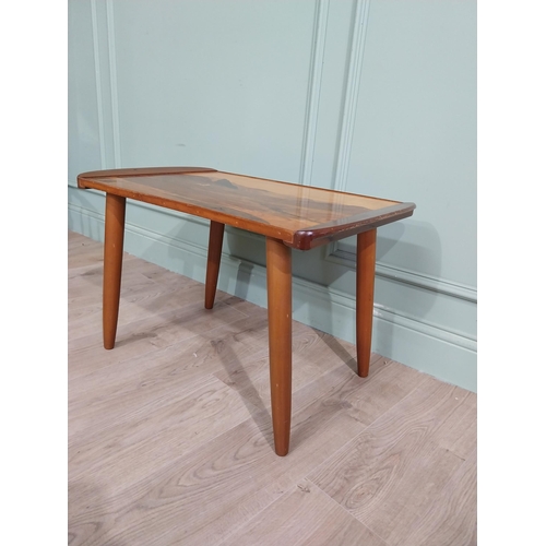 407 - 1950's satinwood coffee table on splayed legs with inset island scene. {47 cm H x 71 cm W x 43 cm D]... 