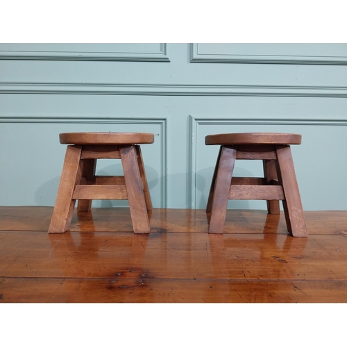 408 - Pair of pine stools with blue and white Cavan seats. {25 cm H x 26 cm Dia.}.