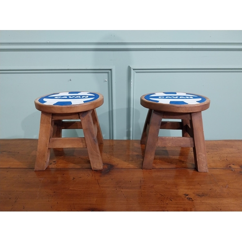 408 - Pair of pine stools with blue and white Cavan seats. {25 cm H x 26 cm Dia.}.