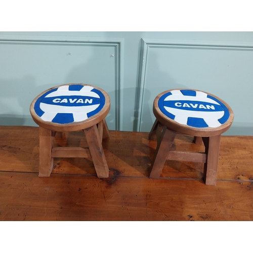 408 - Pair of pine stools with blue and white Cavan seats. {25 cm H x 26 cm Dia.}.