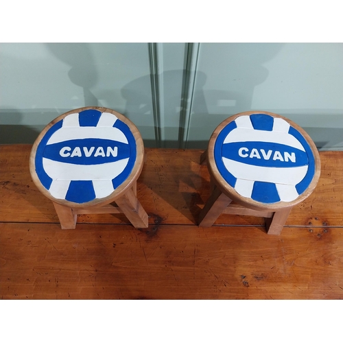 408 - Pair of pine stools with blue and white Cavan seats. {25 cm H x 26 cm Dia.}.