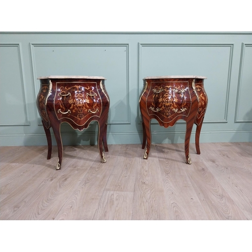 45 - Pair of inlaid kingwood bow fronted bedside cabinets with marble tops and decorated with ormolu moun... 