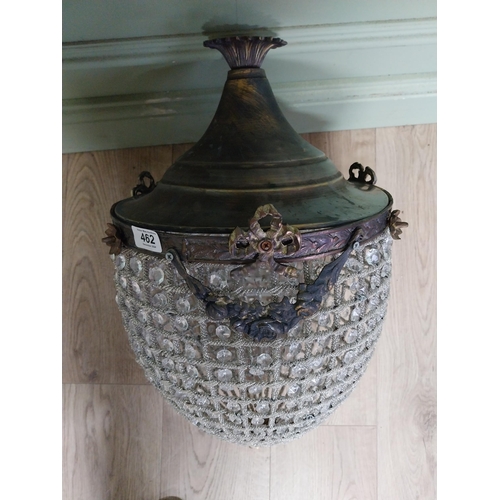 462 - French brass and crystal glass tear drop hanging light. {60 cm H x 33 cm Dia.}.