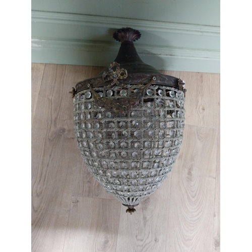 462 - French brass and crystal glass tear drop hanging light. {60 cm H x 33 cm Dia.}.