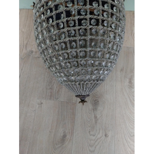 462 - French brass and crystal glass tear drop hanging light. {60 cm H x 33 cm Dia.}.